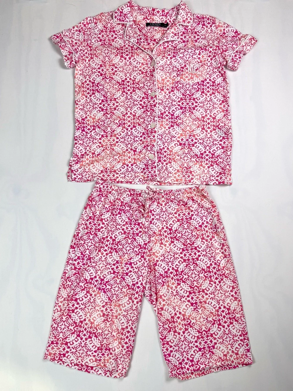 Lauren Ralph Lauren Pajama Set XS Pink Floral Button Front Capri PJs Sleepwear